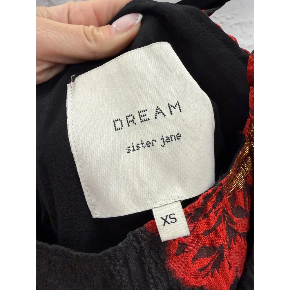 Sister Jane‎ Dream Bardot Dress Red Floral Jacquard Bow Midi XS Sleeveless Black